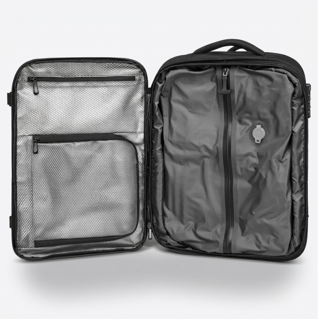 An open Nomadity Discoverer vacuum compression travel backpack 60L compressed.