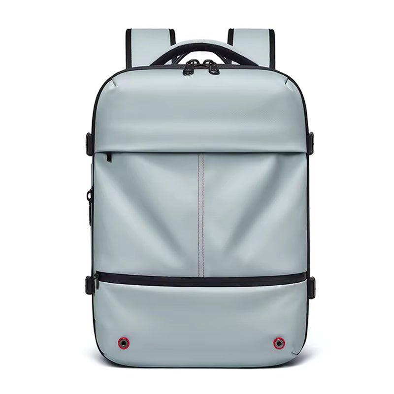 Front view of the light blue Pioneer 55L vacuum compression travel backpack