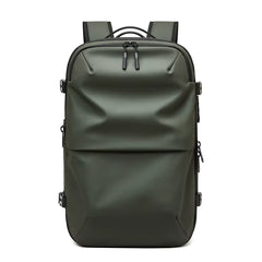 Front view of the green Discoverer 60L vacuum compression travel backpack