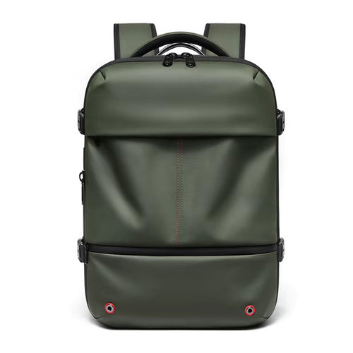 Front view of the green Pioneer 55L vacuum compression travel backpack